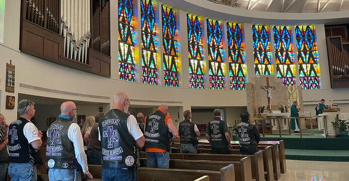 Catholic Cross Bearers Motorcycle Ministry stop at parish for Mass and a blessing