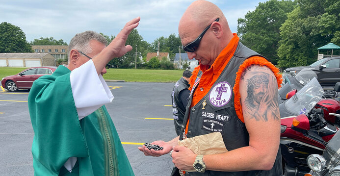 Catholic Cross Bearers Motorcycle Ministry stop at parish for Mass and a blessing